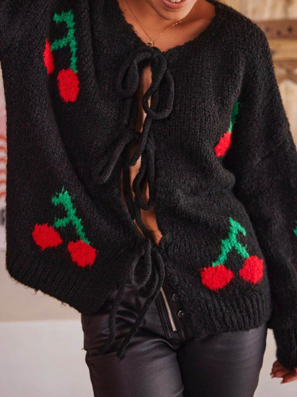 Tied Cherry Round Neck Long Sleeve Cardigan - Delanoir