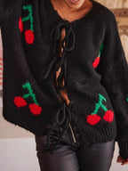 Tied Cherry Round Neck Long Sleeve Cardigan - Delanoir