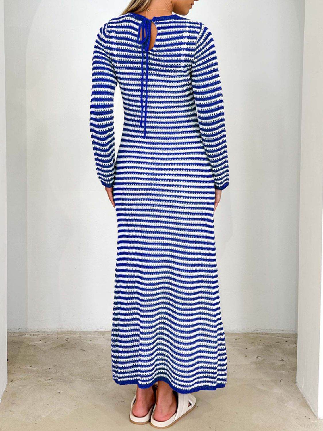 Devine Tied Round Neck Striped Sweater Dress - Delanoir