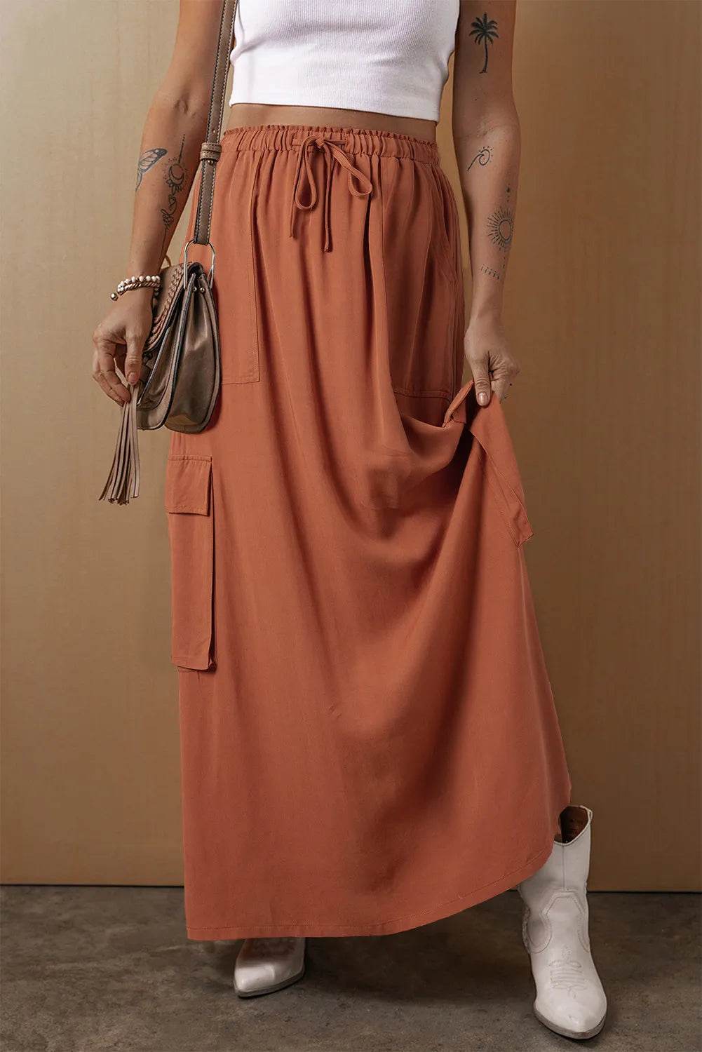 Drawstring Maxi Skirt with Pockets - Delanoir