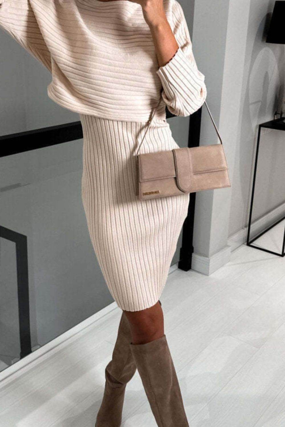 Ribbed Round Neck Top and Cami Dress Sweater Set - Delanoir