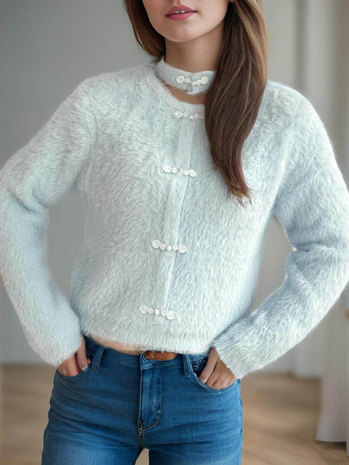Cutout Knot Button Long Sleeve Cardigan - Delanoir