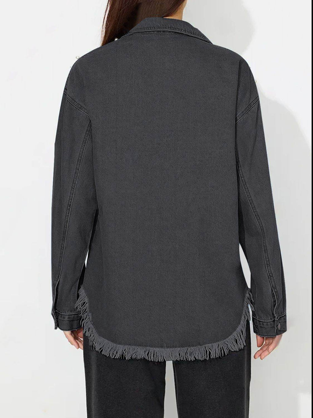Raw Hem Pearl Trim Collared Neck Denim Top - Delanoir