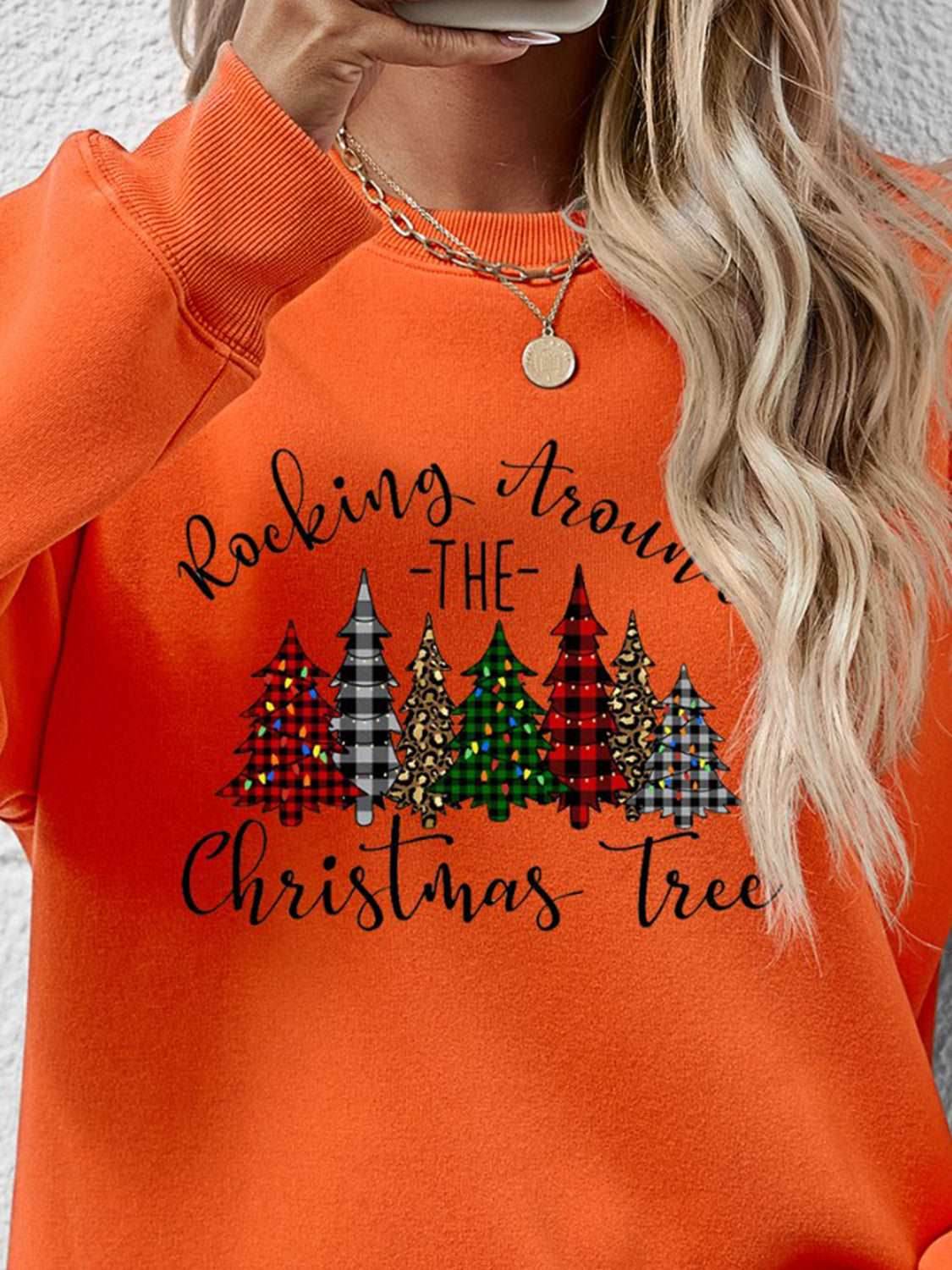 Christmas Tree Graphic Round Neck Sweatshirt - Delanoir