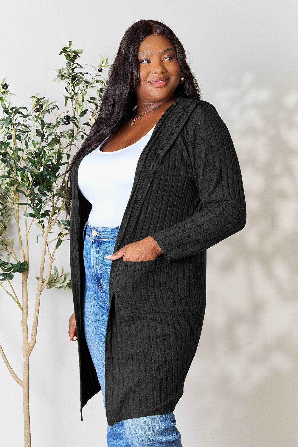 Basic Bae Full Size Hooded Sweater Cardigan - Delanoir