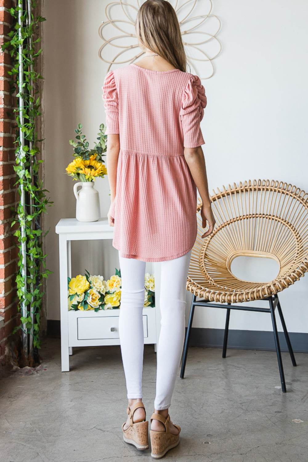 Heimish Full Size Waffle Knit V-Neck Babydoll Top - Delanoir