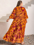 Plus Size Lace Detail Printed V-Neck Maxi Dress - Delanoir
