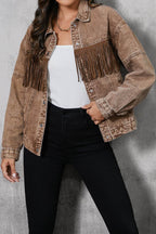 Fringe Trim Snap Down Denim Jacket - Delanoir