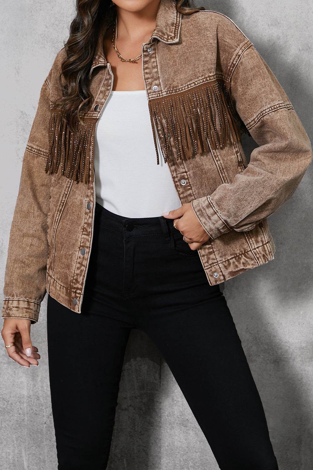 Fringe Trim Snap Down Denim Jacket - Delanoir