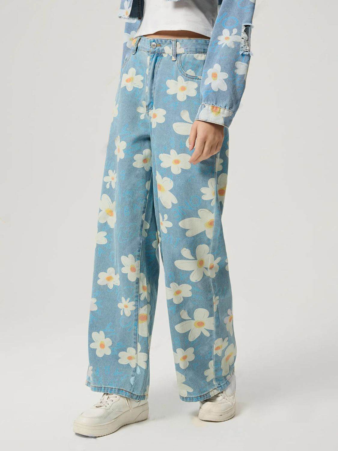 Pocketed Floral Wide Leg Jeans - Delanoir
