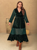 Plus Size Lace Patchwork V-Neck Balloon Sleeve Midi Dress - Delanoir