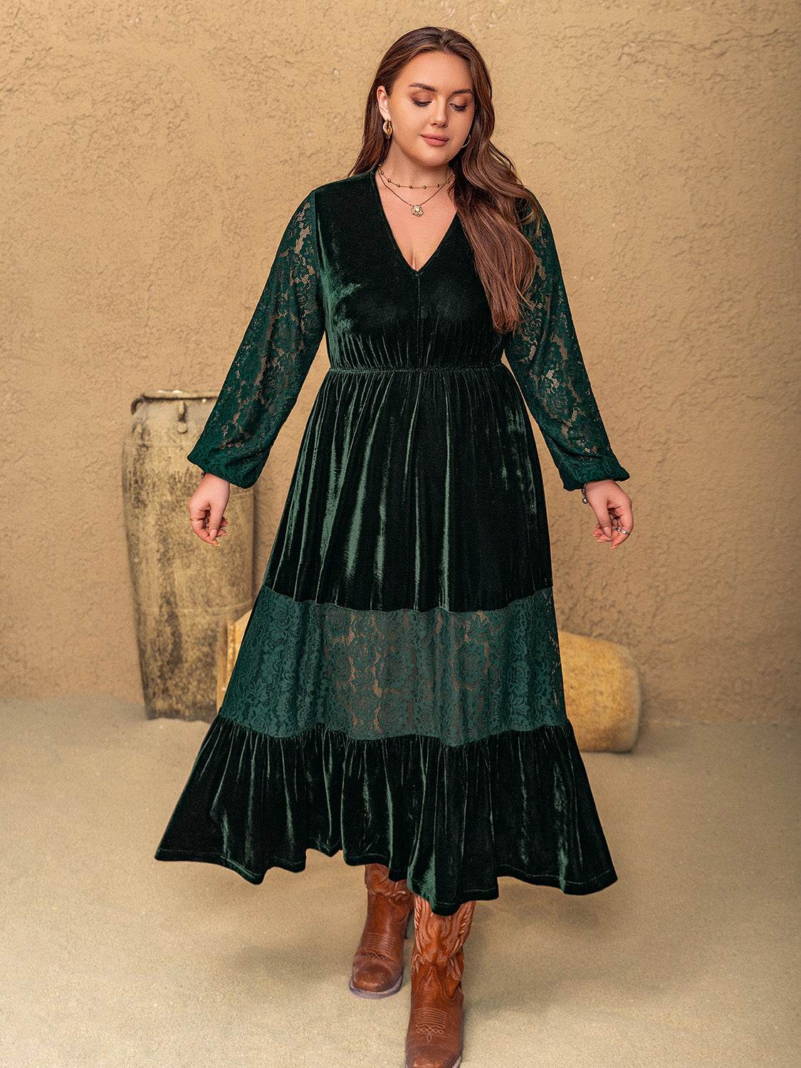 Plus Size Lace Patchwork V-Neck Balloon Sleeve Midi Dress - Delanoir