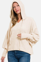 Zenana Brushed Hacci Drop Shoulder Cropped Hoodie - Delanoir