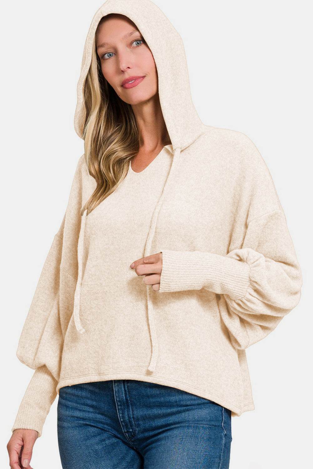 Zenana Brushed Hacci Drop Shoulder Cropped Hoodie - Delanoir