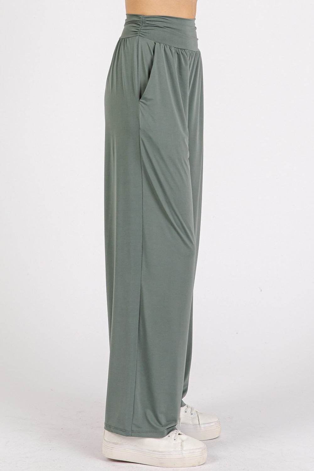 Mittoshop Stretch Banded Waist Wide Leg Pants with Pockets - Delanoir