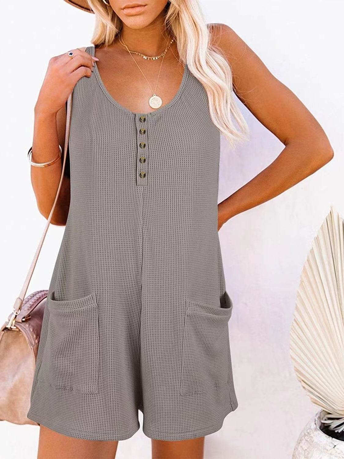 Full Size Pocketed Scoop Neck Sleeveless Romper - Delanoir