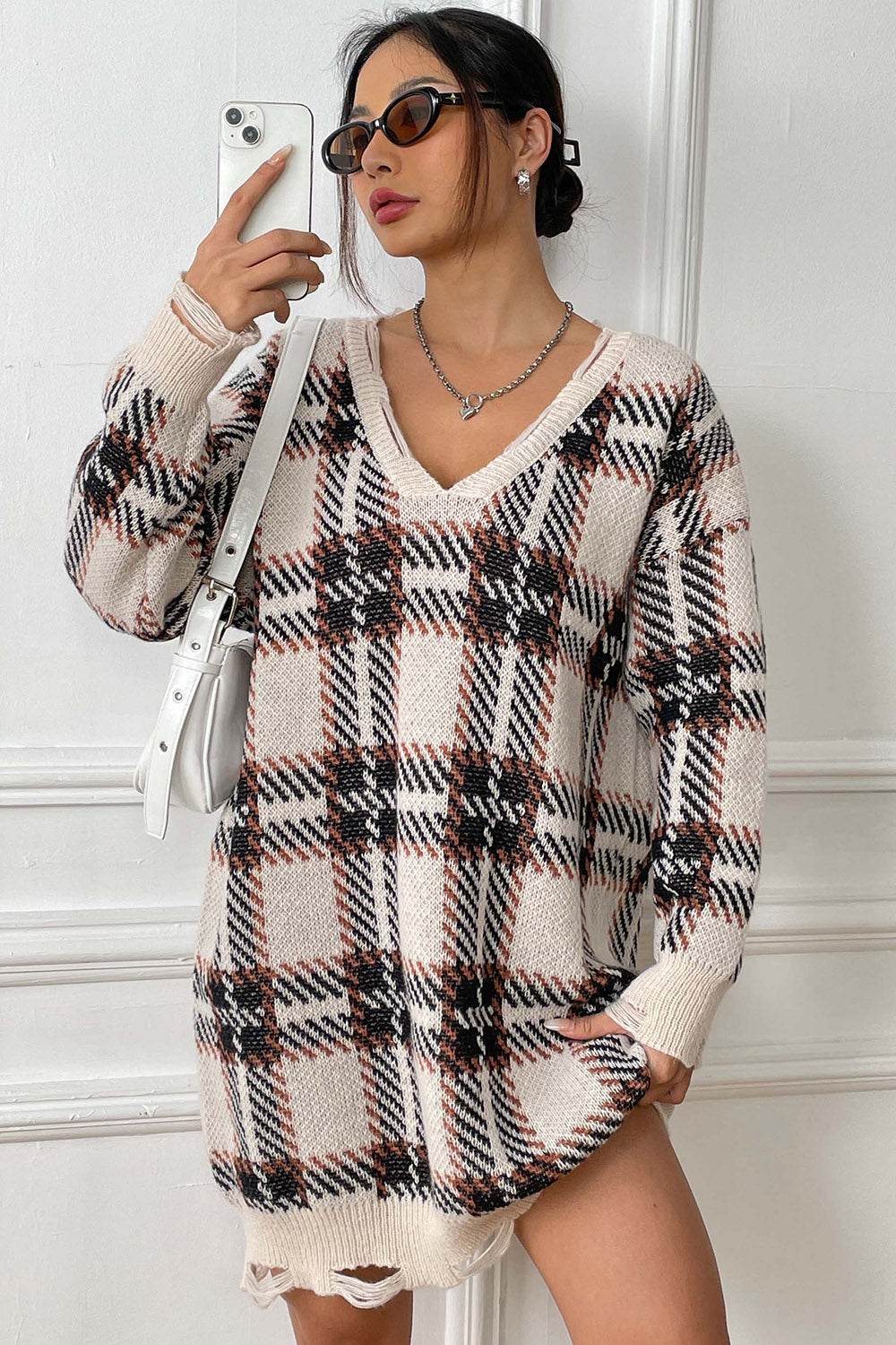 Plaid V-Neck Long Sleeve Sweater Dress - Delanoir