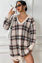 Plaid V-Neck Long Sleeve Sweater Dress - Delanoir