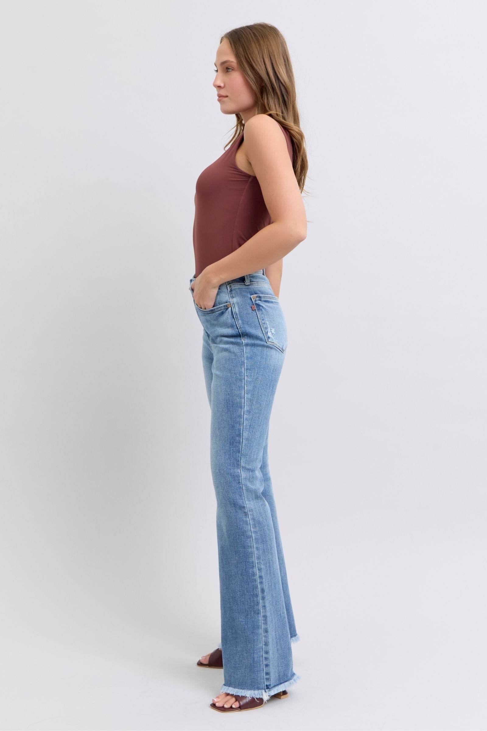 Judy Blue Full Size Raw Hem High Rise Bootcut Jeans - Delanoir