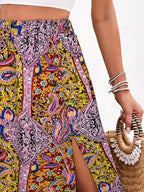 Slit Printed Elastic Waist Skirt - Delanoir