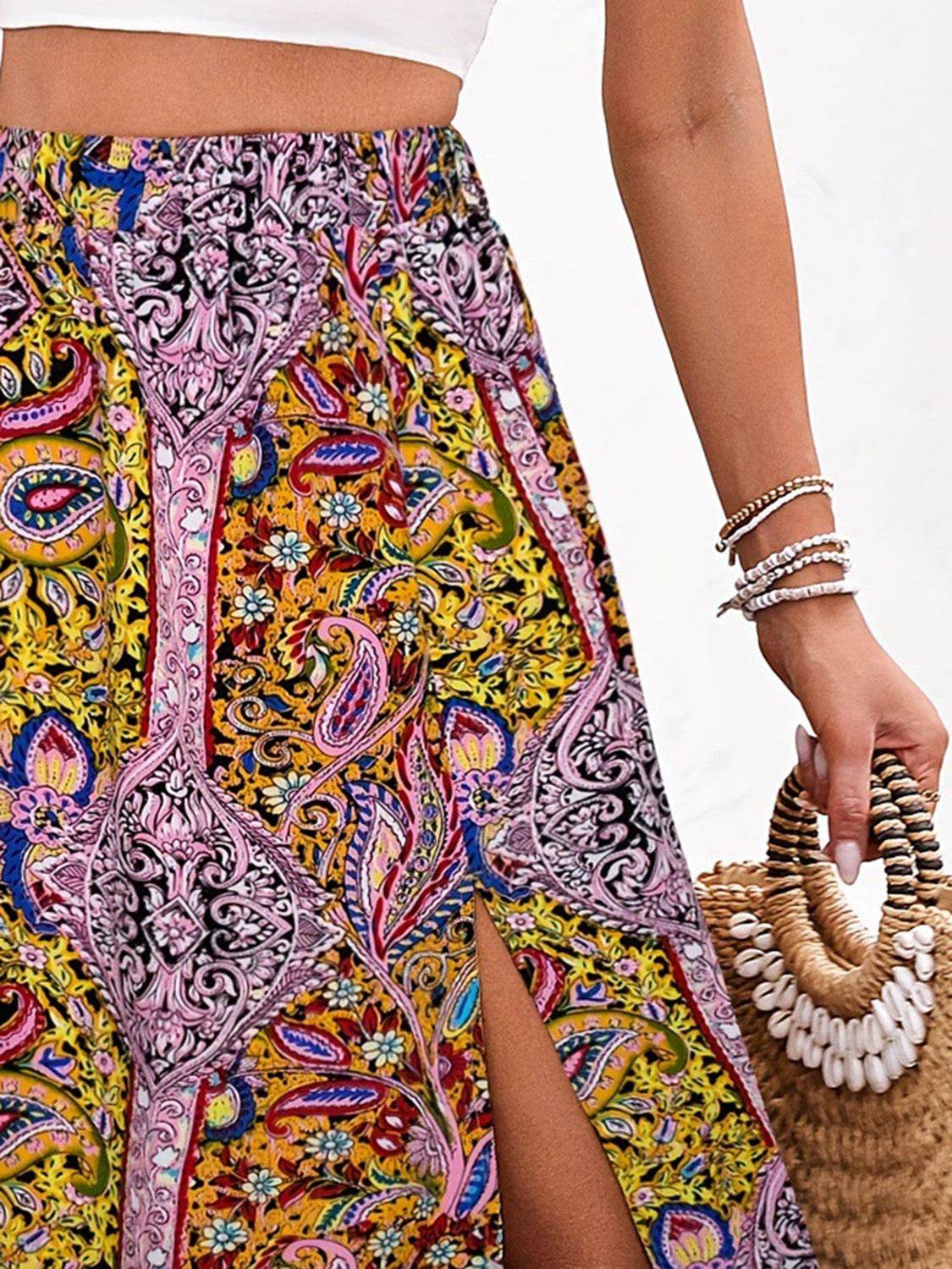 Slit Printed Elastic Waist Skirt - Delanoir