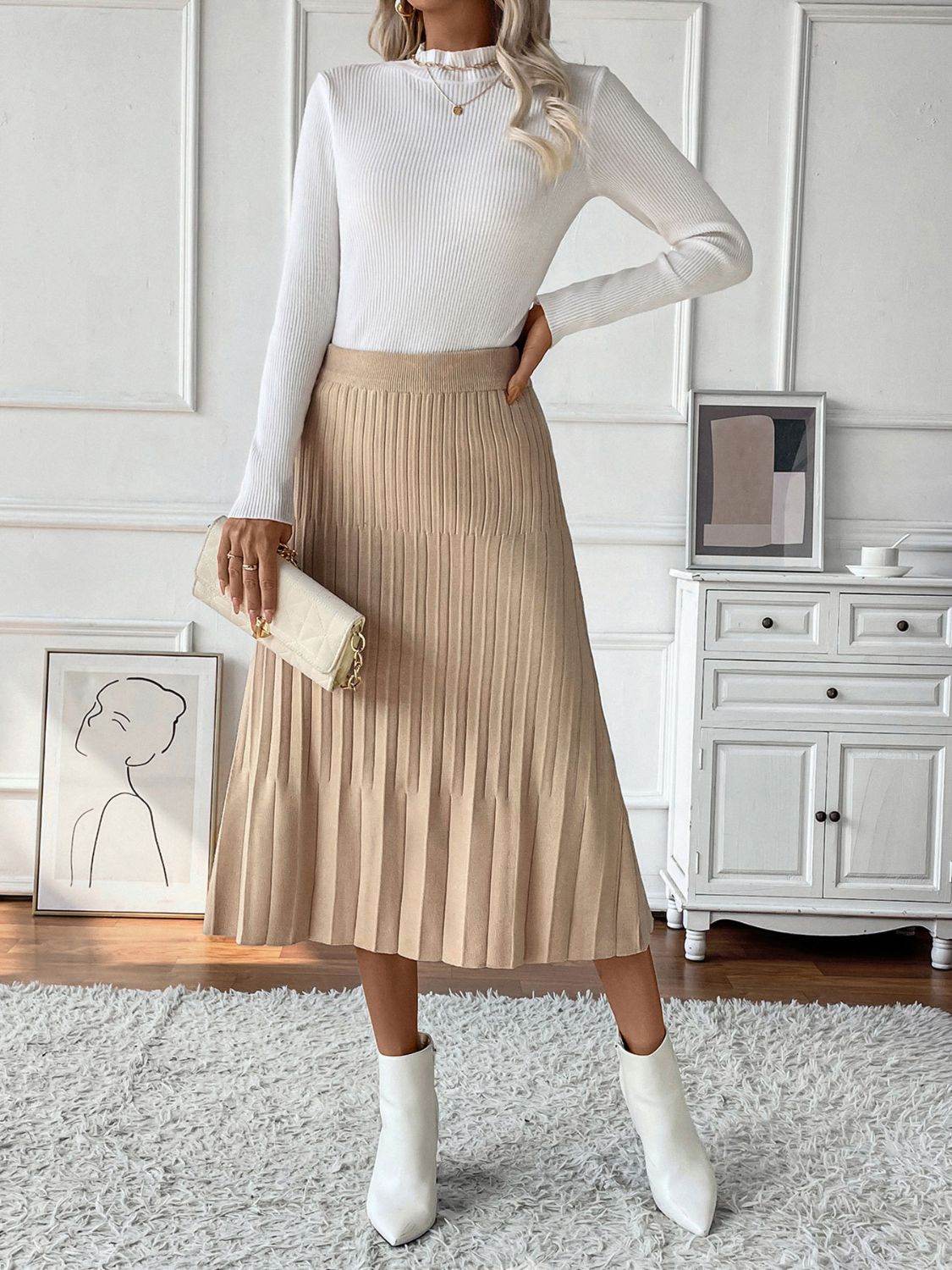 Perfee Pleated Midi Sweater Skirt - Delanoir