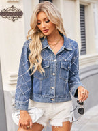 Pearl Trim Long Sleeve Denim Jacket - Delanoir