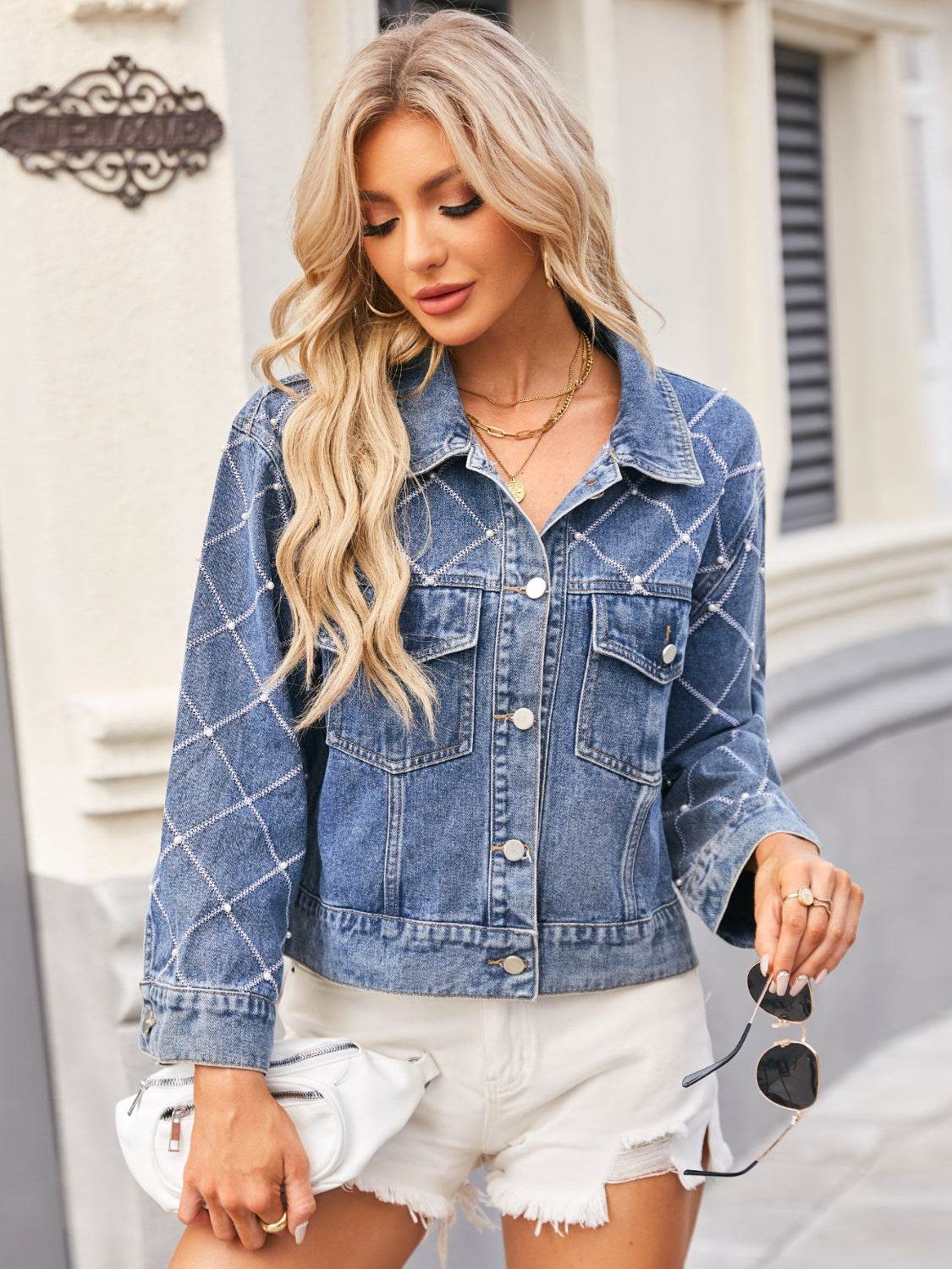 Pearl Trim Long Sleeve Denim Jacket - Delanoir