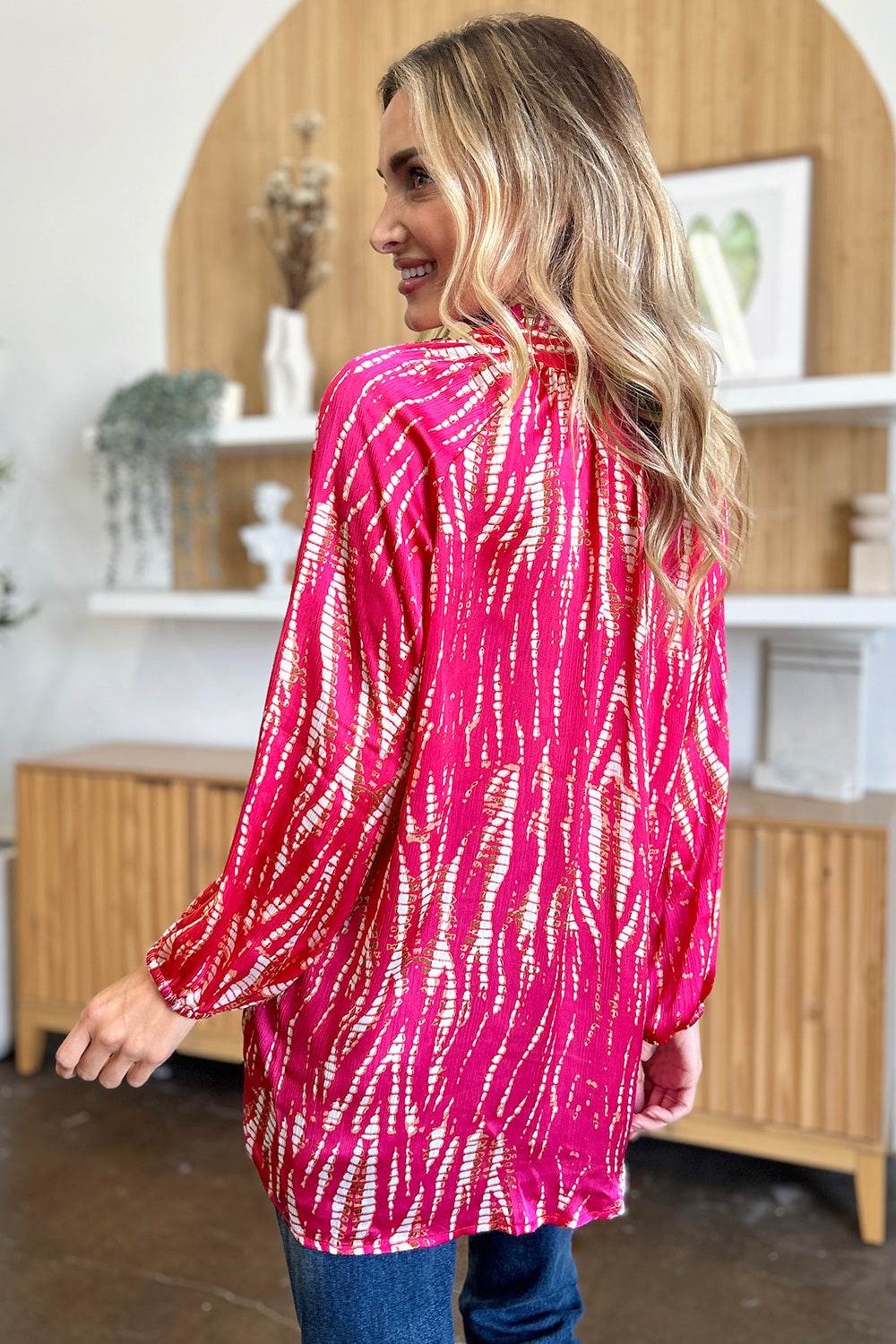 Double Take Full Size Printed Button Up Long Sleeve Shirt - Delanoir