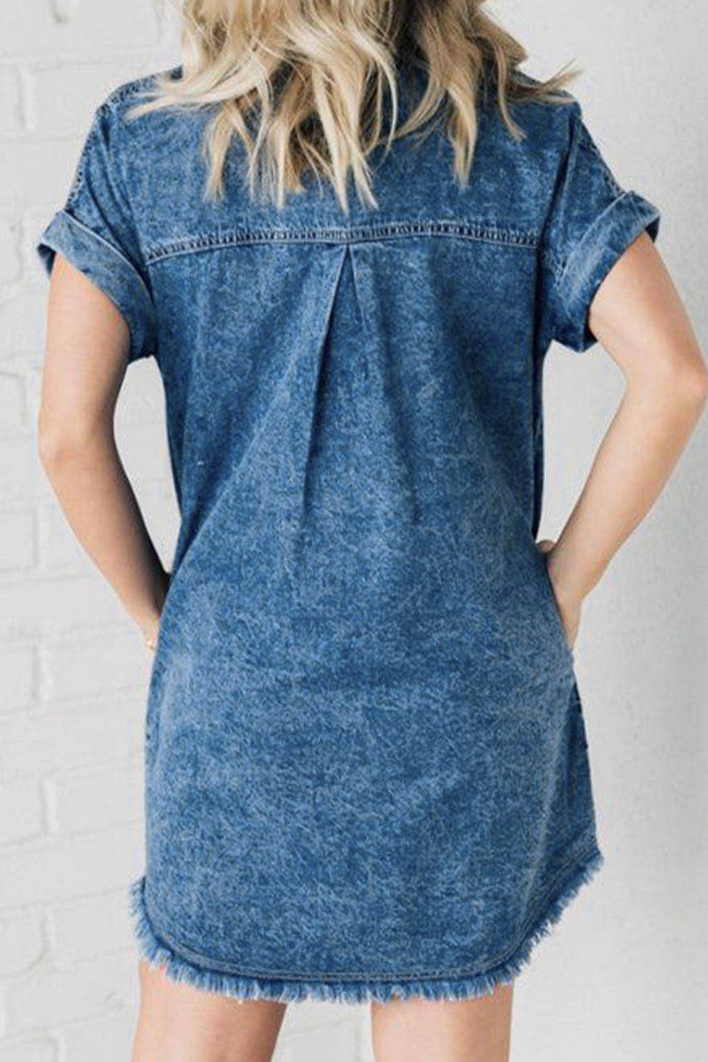 Raw Hem Pocketed Cap Sleeve Denim Dress - Delanoir