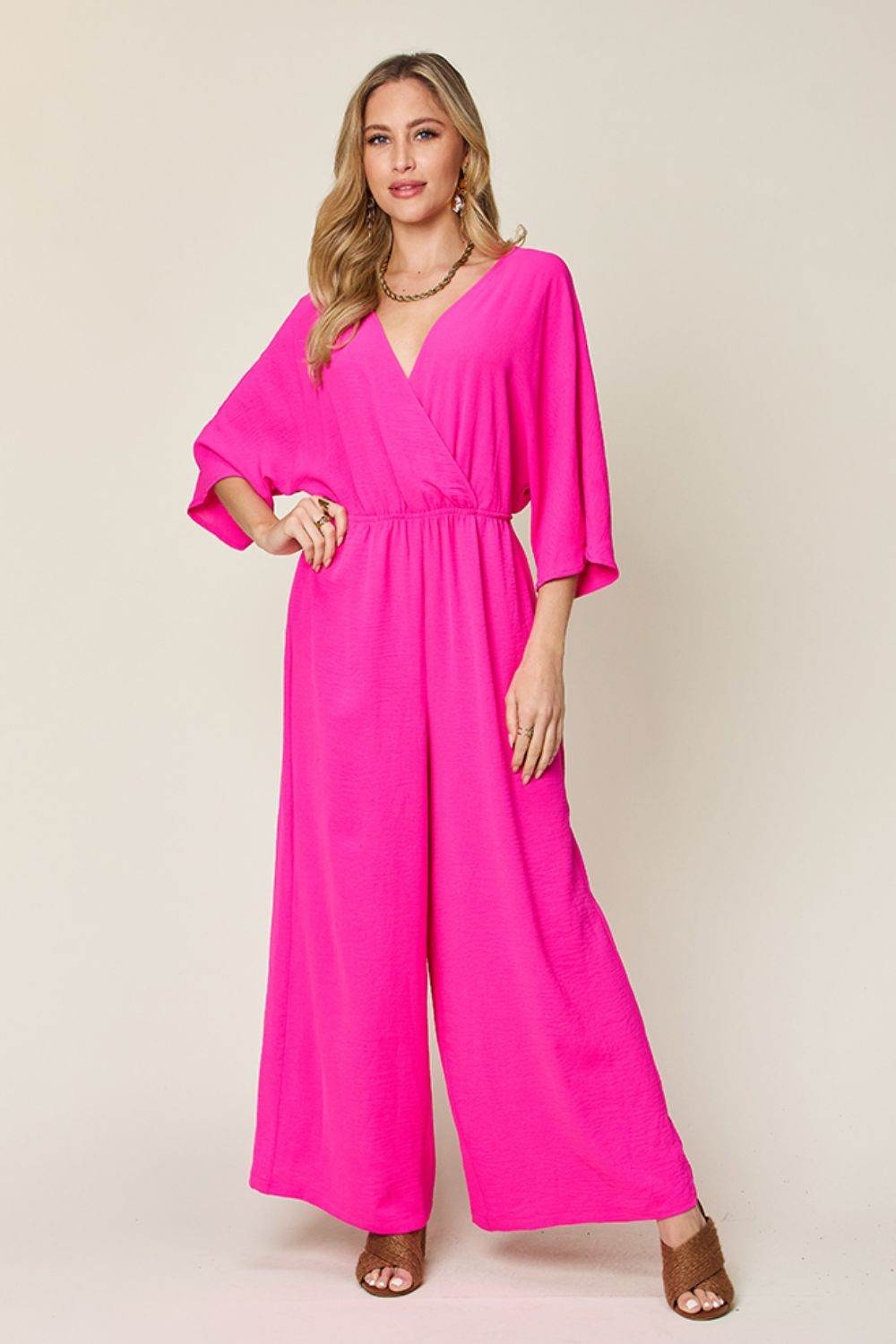 Double Take Full Size Surplice Wide Leg Jumpsuit with Pockets - Delanoir