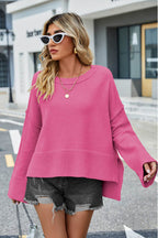 High-Low Slit Round Neck Long Sleeve Sweater - Delanoir