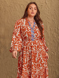 Plus Size Printed Notched Long Sleeve Maxi Dress - Delanoir