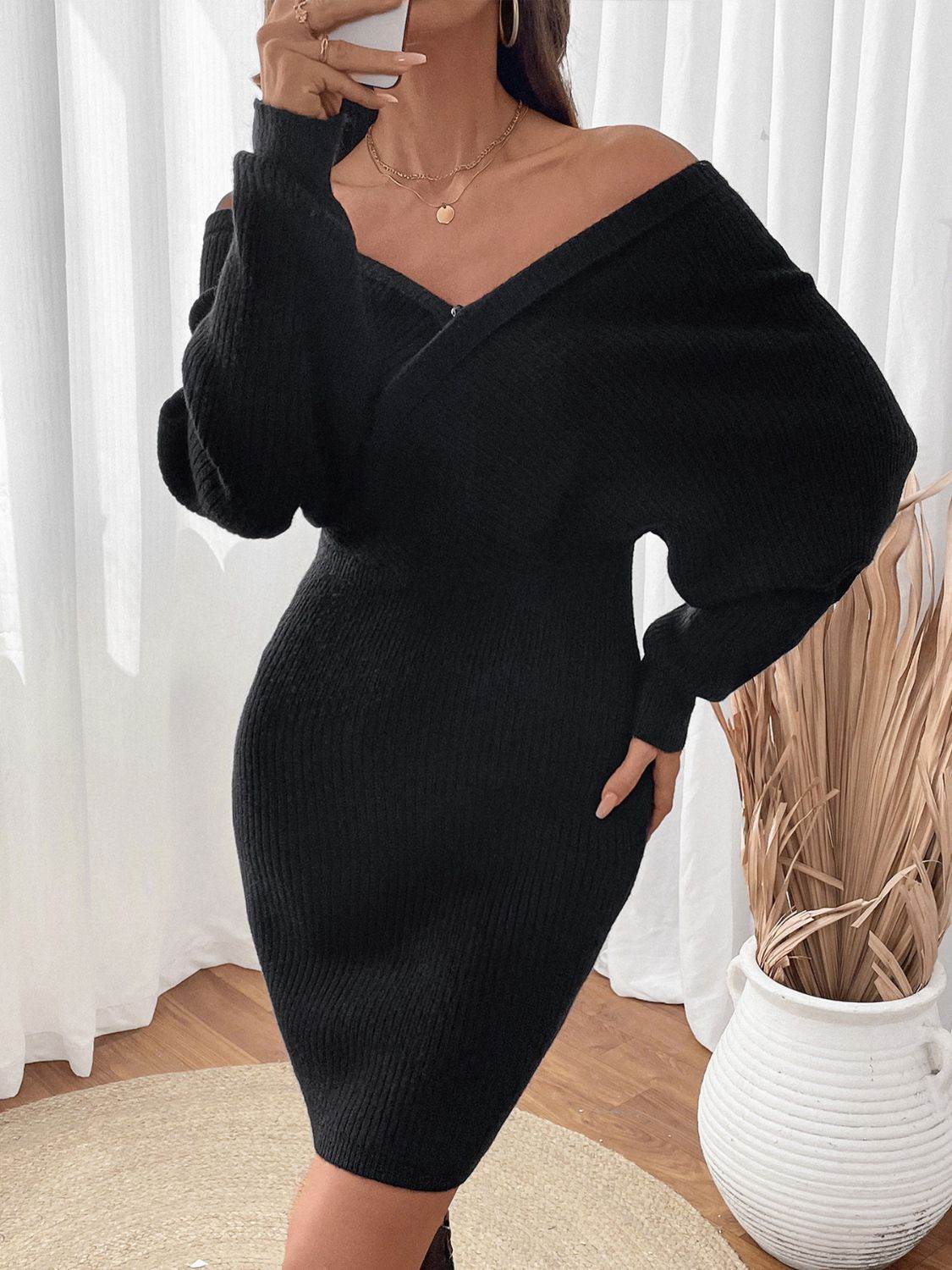 Perfee Surplice Long Sleeve Sweater Dress - Delanoir