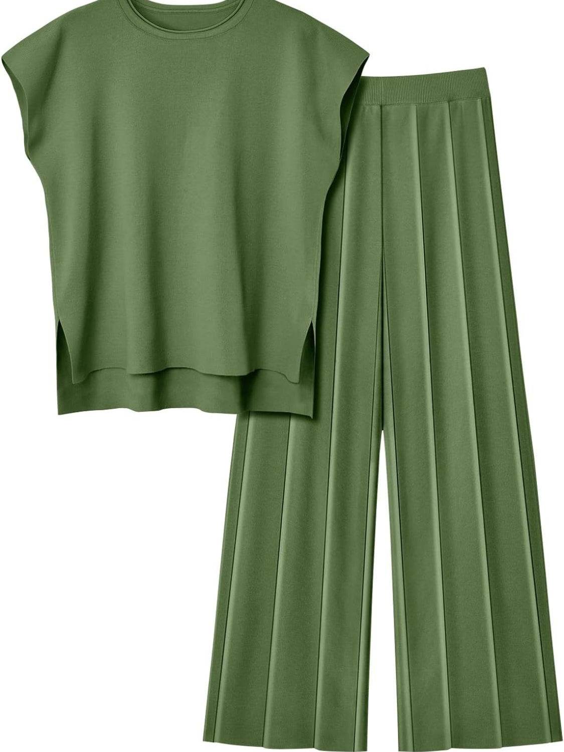 Round Neck Cap Sleeve Top and Pants Knit Set - Delanoir