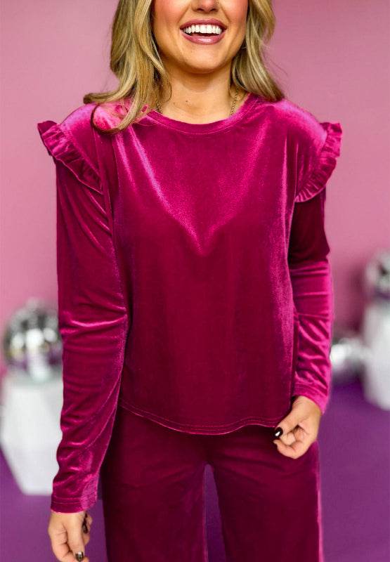 Frill Round Neck Long Sleeve Top and Pants Set - Delanoir