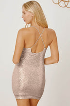Sequin Spaghetti Strap Mini Wrap Dress - Delanoir