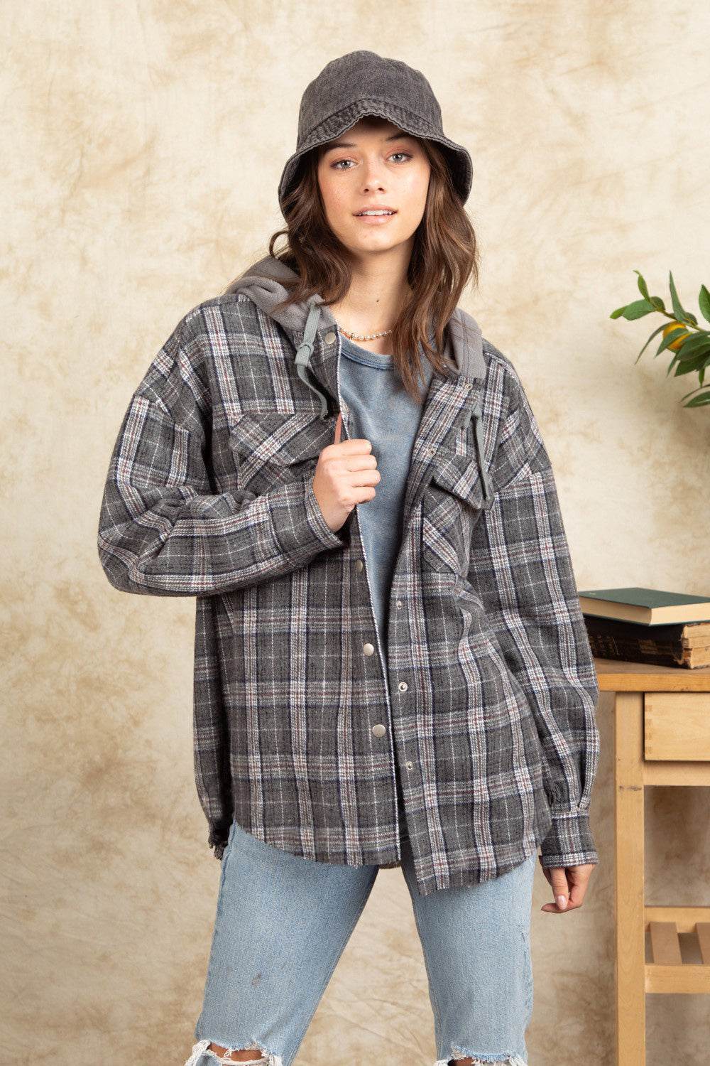 Drawstring Plaid Long Sleeve Hooded Jacket - Delanoir