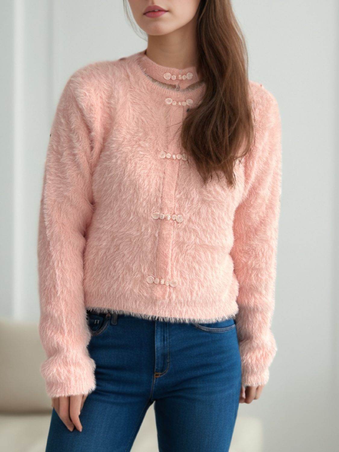 Cutout Knot Button Long Sleeve Cardigan - Delanoir