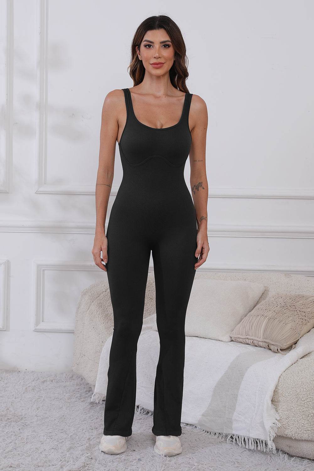 Scoop Neck Wide Strap Active Jumpsuit - Delanoir
