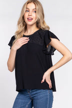 ACTIVE BASIC Ruffle Short Sleeve Crochet Blouse - Delanoir