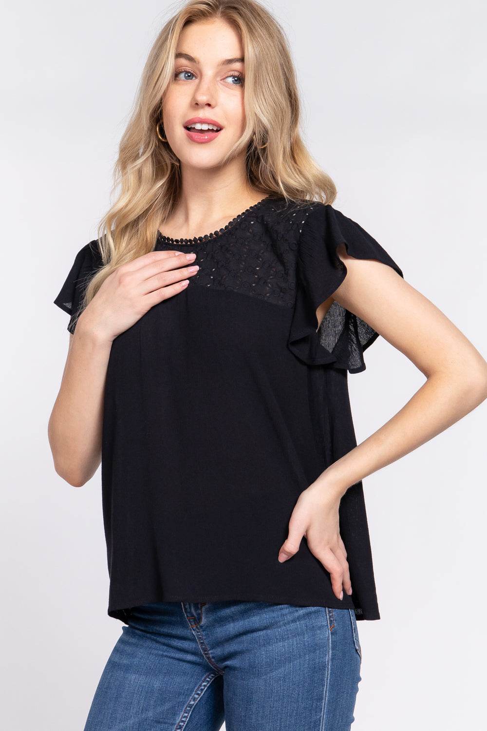 ACTIVE BASIC Ruffle Short Sleeve Crochet Blouse - Delanoir