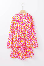 Leopard Collared Neck Long Sleeve Top and Shorts Lounge Set - Delanoir