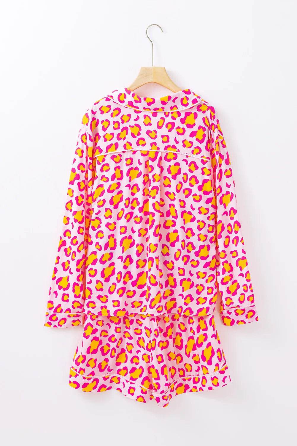 Leopard Collared Neck Long Sleeve Top and Shorts Lounge Set - Delanoir