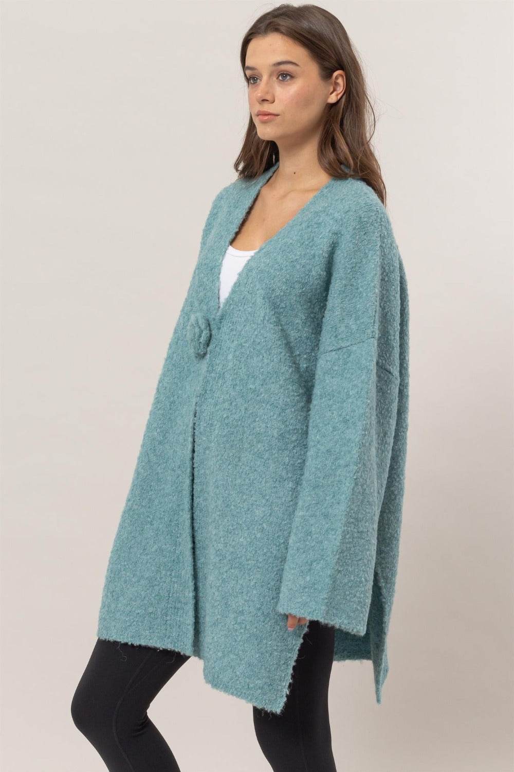 HYFVE Front Rosette Longline Slit Sweater Cardigan - Delanoir