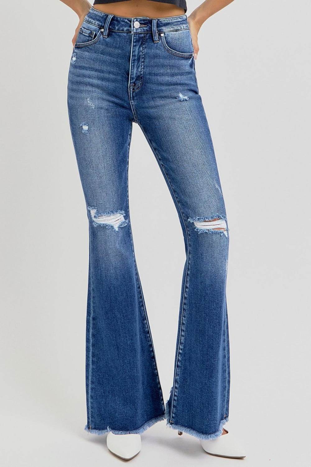 RISEN Full Size High Rise Distressed Raw Hem Flare Jeans - Delanoir