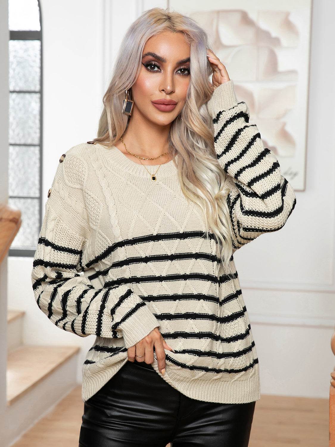 Striped Round Neck Cable-Knit Sweater - Delanoir