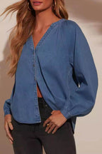 Plunge Button Up Long Sleeve Denim Top - Delanoir
