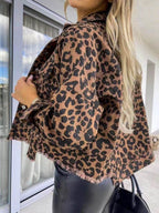 Raw Hem Leopard Collared Neck Denim Jacket - Delanoir