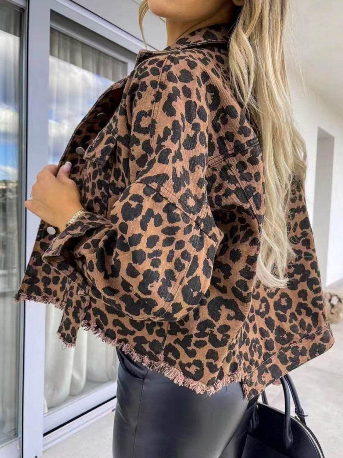 Raw Hem Leopard Collared Neck Denim Jacket - Delanoir
